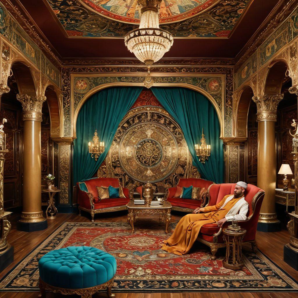 A captivating illustration showcasing a historic sultan surrounded by opulent surroundings, engaging with early forms of intimate entertainment like ornate manuscripts and exotic dancers. The scene should blend elements of ancient architecture and modern adult media, symbolizing the evolution of intimate entertainment. Rich textures and lush colors will evoke a sense of luxury and intrigue. art nouveau style. vibrant colors. detailed textures.