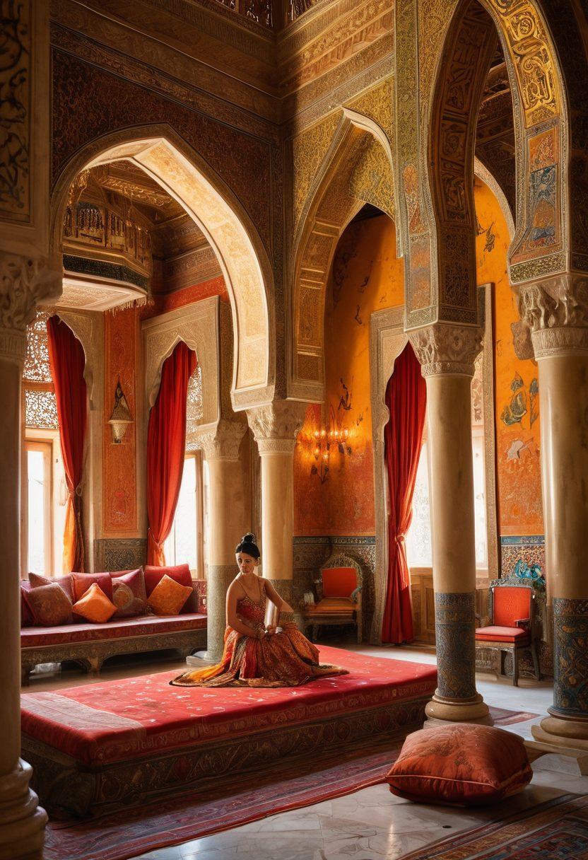 An opulent scene showcasing an ancient Sultan's palace with intricate architecture, adorned with rich textiles and vibrant colors. In the foreground, a confident and alluring figure dressed in regal attire symbolizes the sensual aspect of the narrative. Soft, warm lighting adds an enchanting ambiance, with ornate patterns reflecting on marble surfaces. In the background, hints of entertainment and celebration create a lively atmosphere, featuring musicians and dancers. painting. vibrant colors. ornate details.