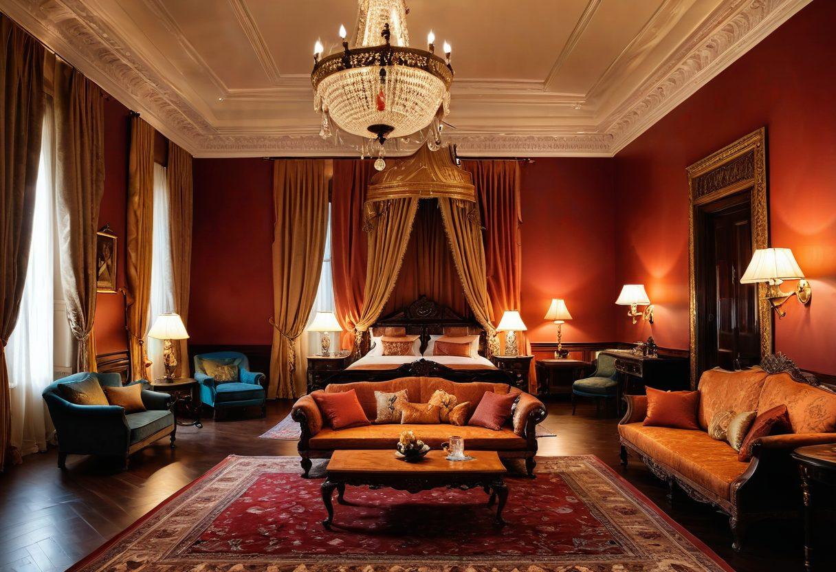 A stunning juxtaposition of a grand royal palace with intricate architecture on one side, contrasting with a cozy, intimate room filled with soft lighting and elegant decor on the other. Include subtle hints of cultural elements from the era of sultanship, such as silk curtains and ornate furnishings. The scene should evoke a sense of evolution and transition, symbolizing the shift in erotic content. super-realistic. vibrant colors. warm tones.